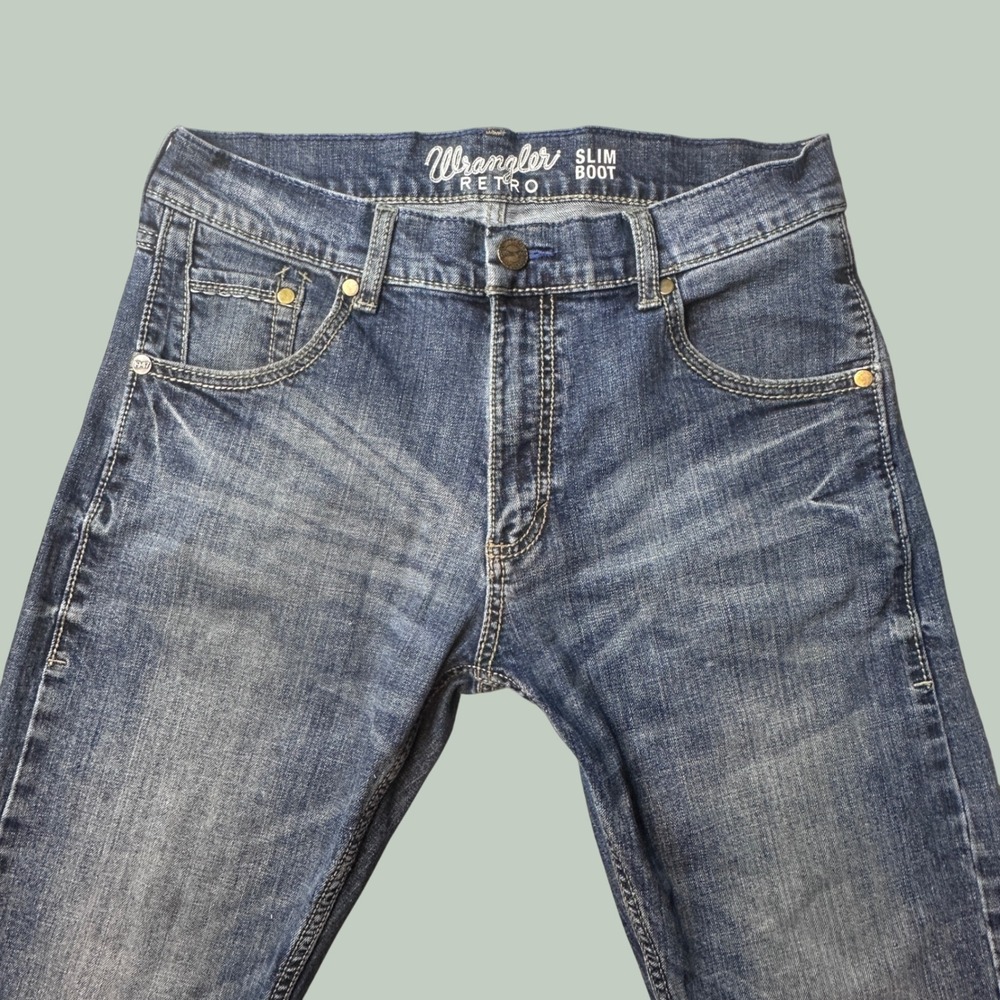 Wrangler Jeans Mens 31x32 Retro Slim Boot Blue WLT77LY Medium Wash Distressed